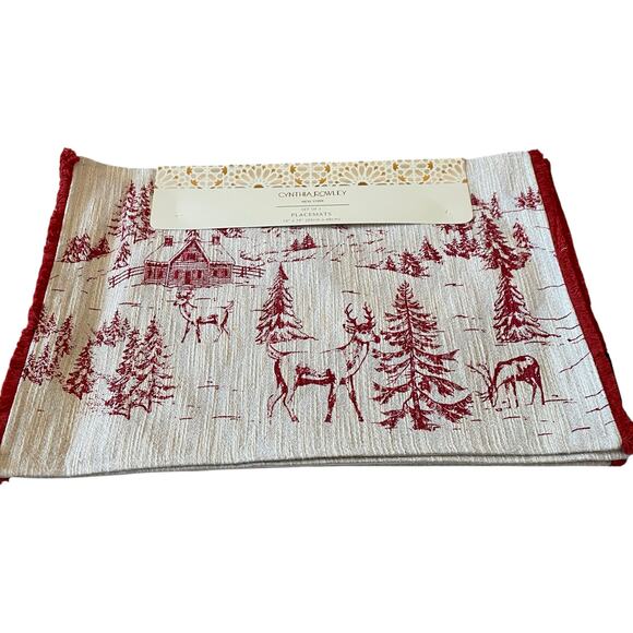 4pc Cynthia Rowley Winter Forest Christmas Placemats 13x19 Holiday Red Sparkle - Picture 6 of 12
